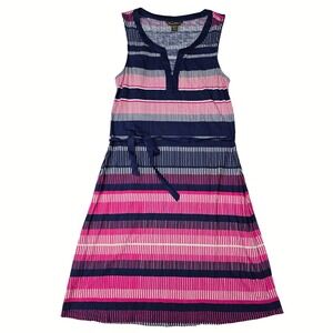 Tommy Bahama Womens XS Navy Pink Striped Sleeveless Split Neck Tie Waist Dress